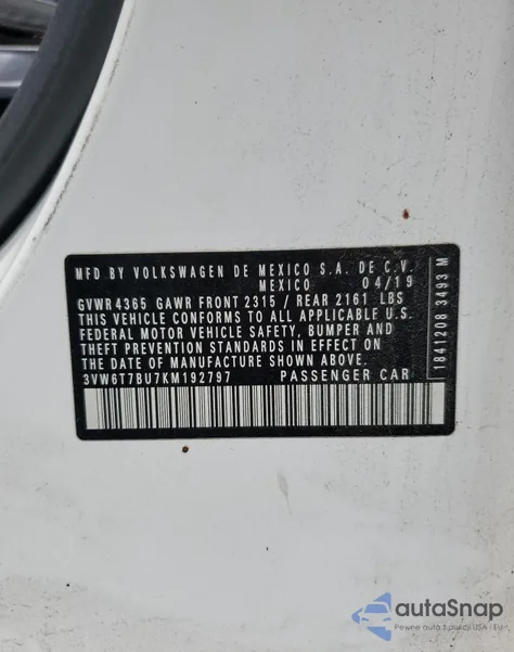 2019 Volkswagen Jetta Gli z USA, uszkodzony, nr VIN 3VW6T7BU7KM192797